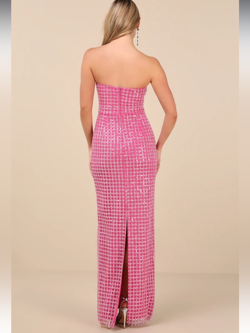Perfectly Pink Luxurious Mesh Pearl Sequin Strapless Column Maxi Dress NWT Sz S - Picture 4 of 16